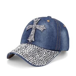 Madd Hatter Womens Cross Rhinestone Blings Hat Blue Adjustable